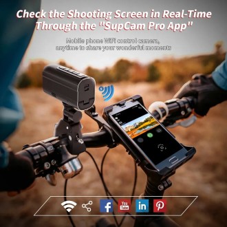 Sportos 5K WiFi kerékpárkamera 3W LED világítással és 6 tengelyes stabilizátorral